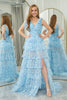 Load image into Gallery viewer, Blue Printed A-line V-neck Long Tiered Prom Dress with Slit
