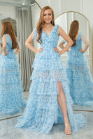 Load image into Gallery viewer, Blue Printed A-line V-neck Long Tiered Prom Dress with Slit