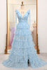 Load image into Gallery viewer, A Line Blue Printed V-neck Long Tiered Prom Dress with Slit