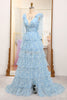 Load image into Gallery viewer, A Line Blue Printed V-neck Long Tiered Prom Dress with Slit