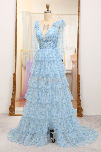 A Line Blue Printed V-neck Long Tiered Prom Dress with Slit