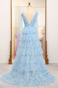 A Line Blue Printed V-neck Long Tiered Prom Dress with Slit