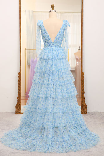A Line Blue Printed V-neck Long Tiered Prom Dress with Slit