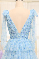 Load image into Gallery viewer, A Line Blue Printed V-neck Long Tiered Prom Dress with Slit