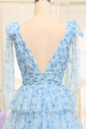 A Line Blue Printed V-neck Long Tiered Prom Dress with Slit