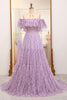 Load image into Gallery viewer, Light Purple Off The Shoulder A-Line Printed Long Prom Dress