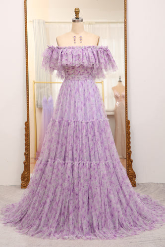 Light Purple Off The Shoulder A-Line Printed Long Prom Dress