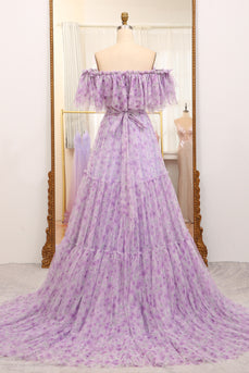 Light Purple Off The Shoulder A-Line Printed Long Prom Dress