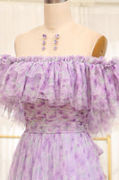 Load image into Gallery viewer, Light Purple Off The Shoulder A-Line Printed Long Prom Dress