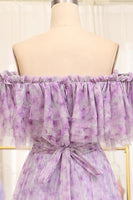 Load image into Gallery viewer, Light Purple Off The Shoulder A-Line Printed Long Prom Dress