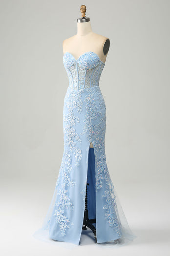 Light Blue Mermaid Strapless Corset Long Prom Dress with Slit
