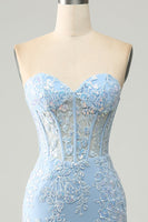 Load image into Gallery viewer, Light Blue Mermaid Strapless Corset Long Prom Dress with Slit