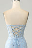 Load image into Gallery viewer, Light Blue Mermaid Strapless Corset Long Prom Dress with Slit