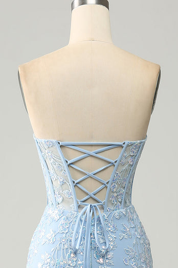Light Blue Mermaid Strapless Corset Long Prom Dress with Slit