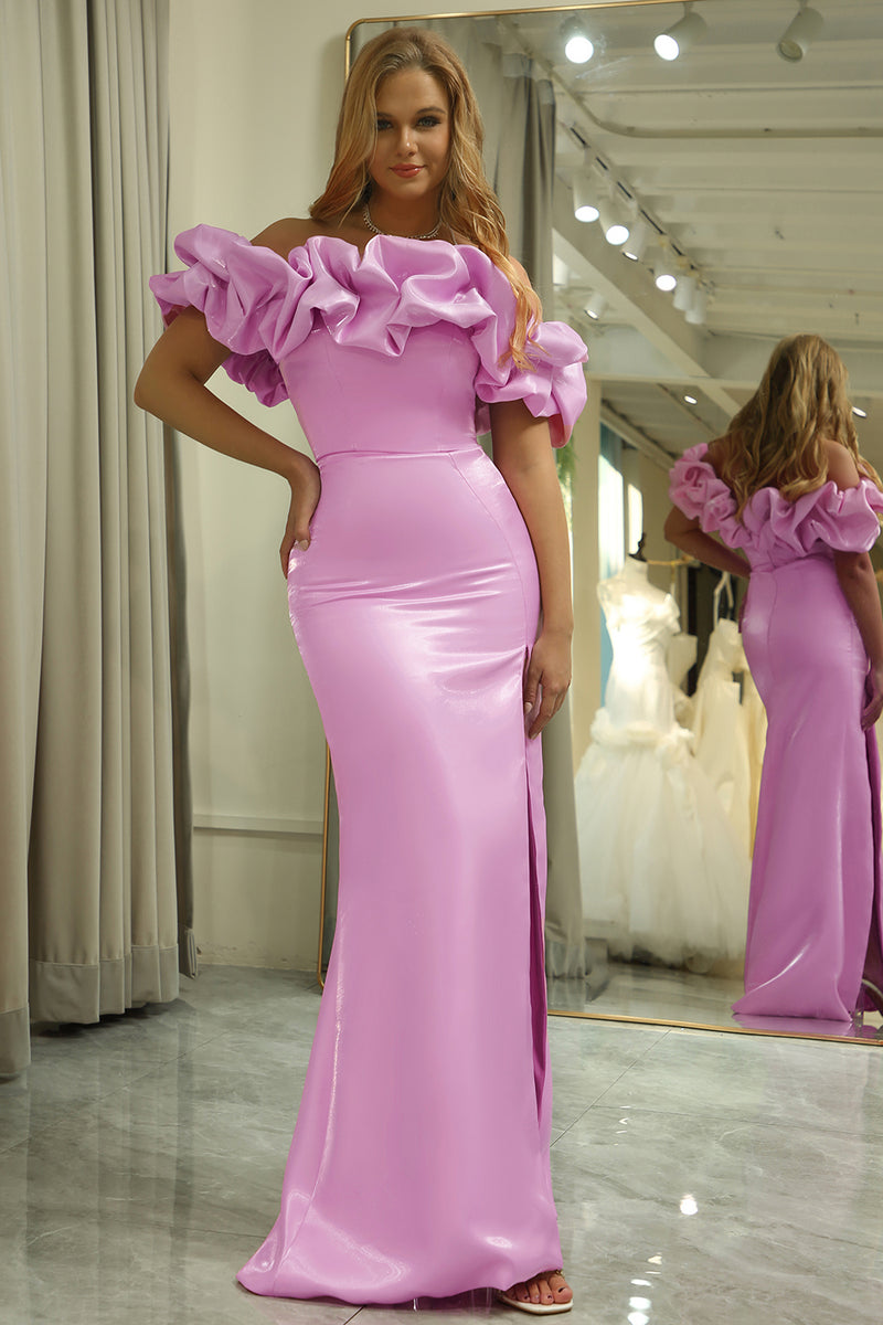Load image into Gallery viewer, Glitter Mermaid Off the Shoulder Pink Long Prom Dress With Slit