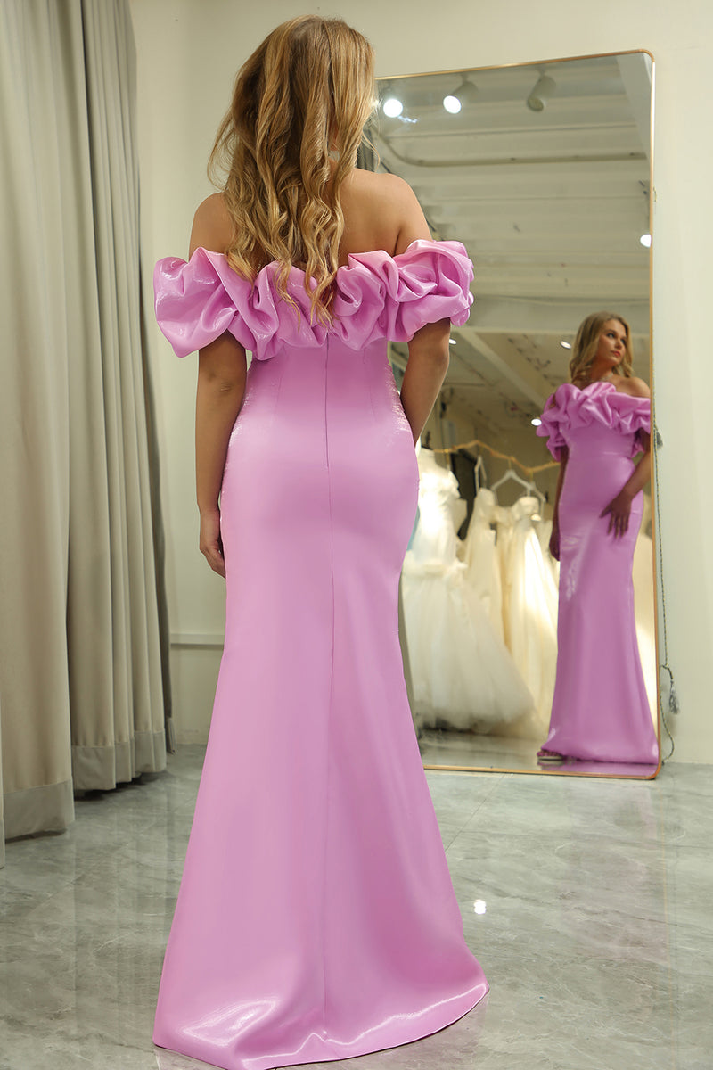 Load image into Gallery viewer, Glitter Mermaid Off the Shoulder Pink Long Prom Dress With Slit