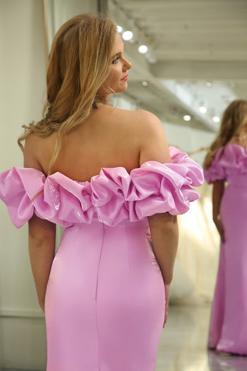 Glitter Mermaid Off the Shoulder Pink Long Prom Dress With Slit