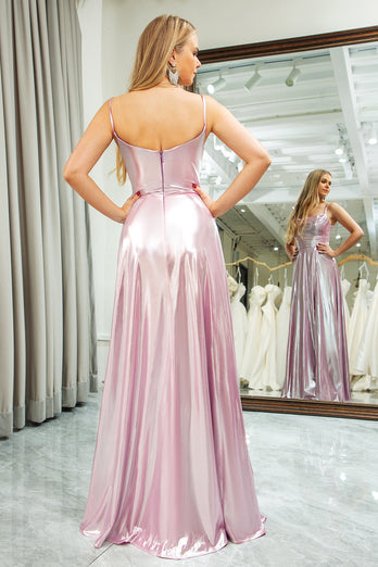A Line Pink Spaghetti Straps Long Prom Dress with Slit