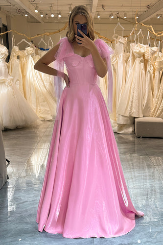 Pink Spaghetti Straps A Line Long Corset Prom Dress