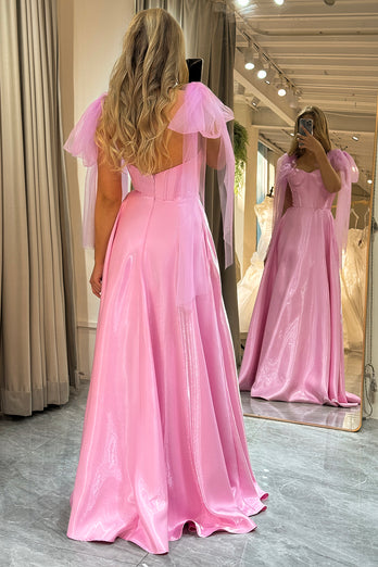 Pink Spaghetti Straps A Line Long Corset Prom Dress