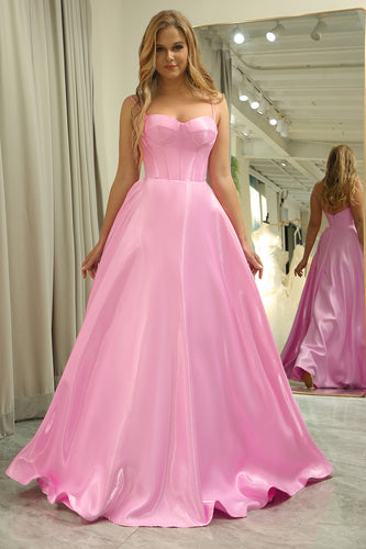 A Line Spaghetti Straps Pink Long Corset Prom Dress