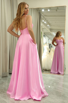 A Line Spaghetti Straps Pink Long Corset Prom Dress