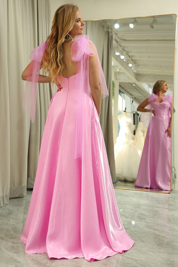 A Line Spaghetti Straps Pink Long Corset Prom Dress