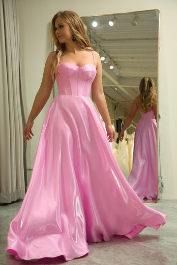 A Line Spaghetti Straps Pink Long Corset Prom Dress