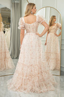 Load image into Gallery viewer, Champagne Printed A-line Square Neck Long Prom Dress