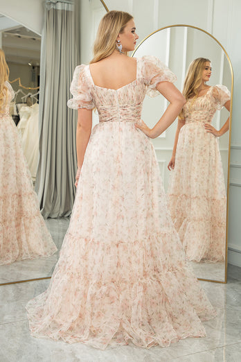 Champagne Printed A-line Square Neck Long Prom Dress