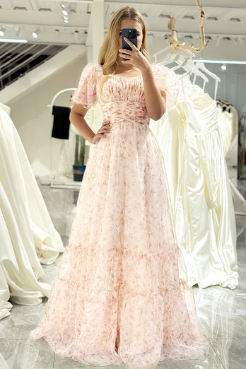 Champagne Printed A-line Square Neck Long Prom Dress