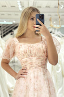 Load image into Gallery viewer, Champagne Printed A-line Square Neck Long Prom Dress