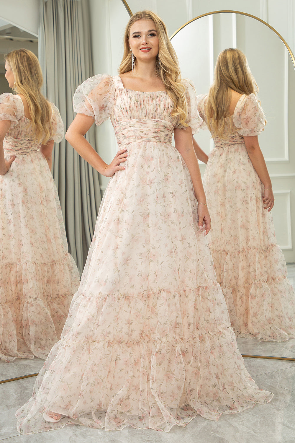 Champagne Printed A-line Square Neck Long Prom Dress