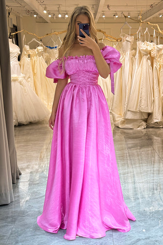 A Line Fuchsia Off the Shoulder Long Prom Dress