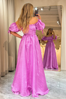 A Line Fuchsia Off the Shoulder Long Prom Dress