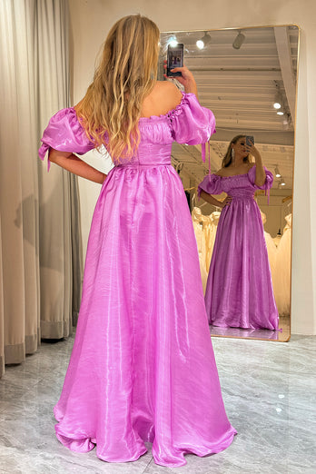 A Line Fuchsia Off the Shoulder Long Prom Dress