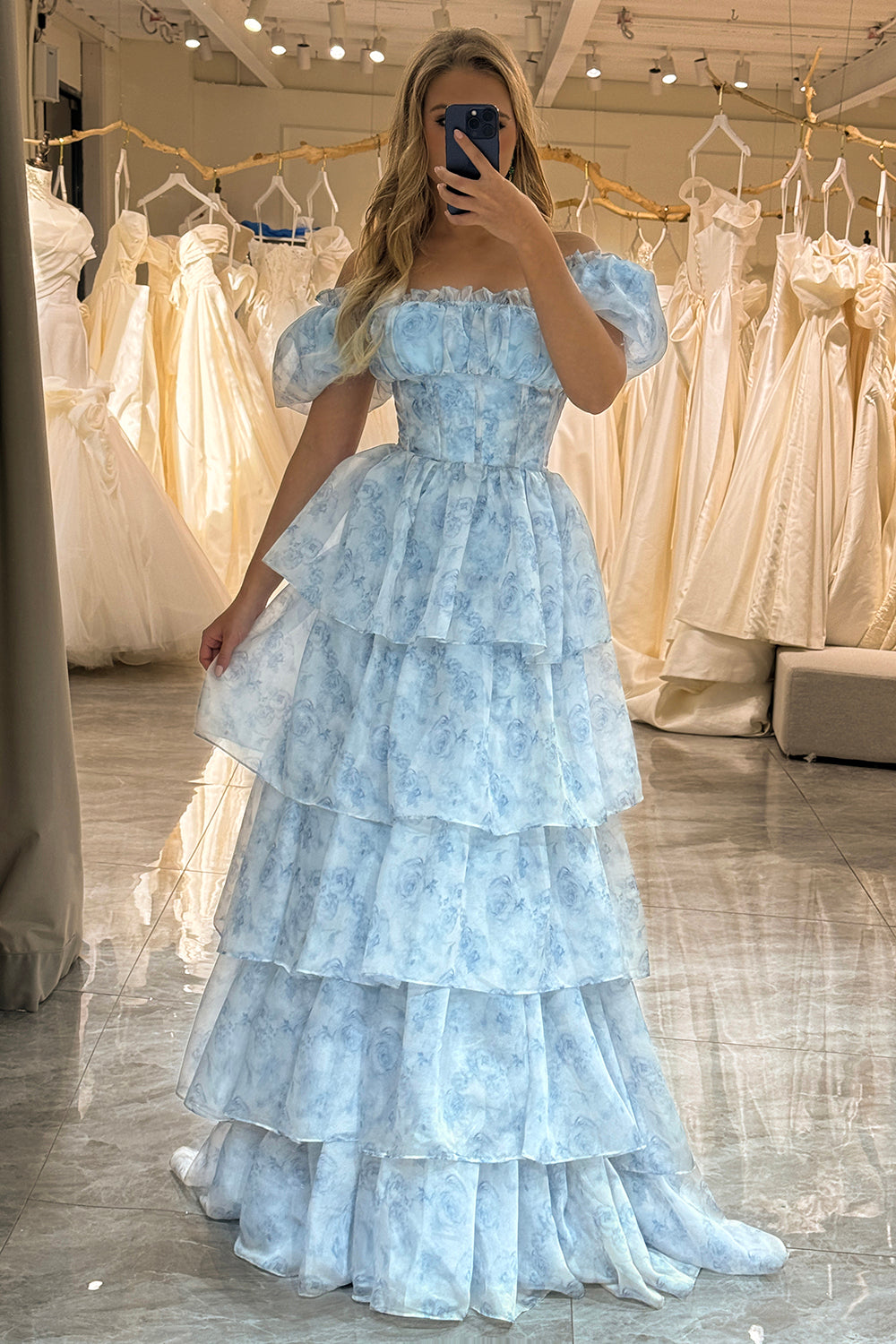 Light Blue Printed A Line Off the Shoulder Long Tiered Corset Prom Dress