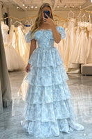 Load image into Gallery viewer, Light Blue Printed A Line Off the Shoulder Long Tiered Corset Prom Dress