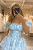 Load image into Gallery viewer, Light Blue Printed A Line Off the Shoulder Long Tiered Corset Prom Dress