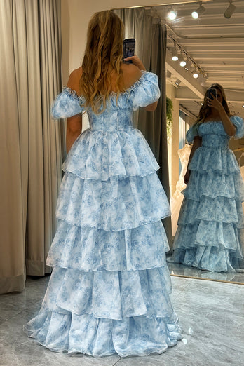 Light Blue Printed A Line Off the Shoulder Long Tiered Corset Prom Dress