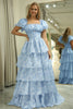 Load image into Gallery viewer, Light Blue Printed A Line Long Tiered Corset Prom Dress