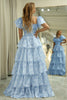 Load image into Gallery viewer, Light Blue Printed A Line Long Tiered Corset Prom Dress