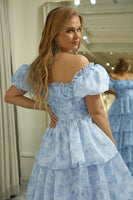 Load image into Gallery viewer, Light Blue Printed A Line Long Tiered Corset Prom Dress