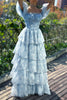 Load image into Gallery viewer, Light Blue Printed A Line Long Tiered Corset Prom Dress