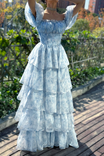 Light Blue Printed A Line Long Tiered Corset Prom Dress