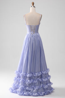 A-Line Lavender Spaghetti Strap Long Prom Dress with Ruffles