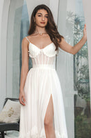 Load image into Gallery viewer, Simple White Ruffled Chiffon Corset Maxi Graduation Dress with Slit