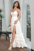 Load image into Gallery viewer, Simple White Ruffled Chiffon Corset Maxi Graduation Dress with Slit