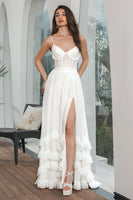 Load image into Gallery viewer, Simple White Ruffled Chiffon Corset Maxi Graduation Dress with Slit