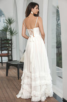 Load image into Gallery viewer, Simple White Ruffled Chiffon Corset Maxi Graduation Dress with Slit
